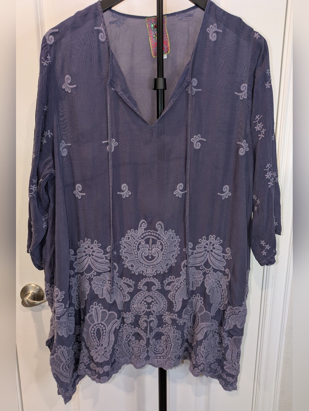 Johnny Was L Purple Embroidered Tunic Boho Peasant Top 100% Cupra